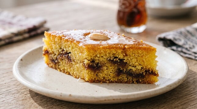 Traditional Libyan Basbousa bil Tamr Cake Slice