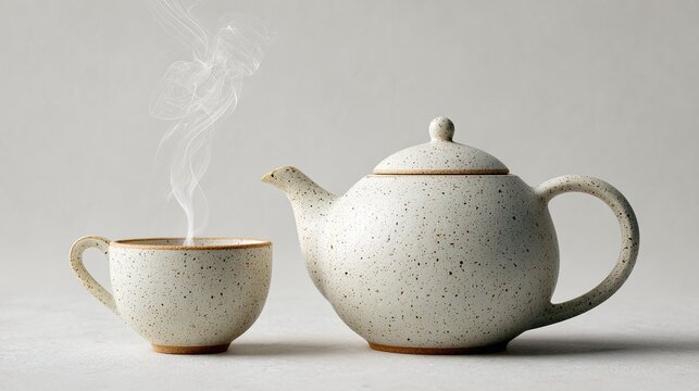An unbranded, white ceramic teapot and matching cup, with a wisp of steam rising, on a white background, tea and homeware mockup --ar 16:9 --v 7 Job ID: d97f76fe-3c3b-4900-9363-e7d1a405652d