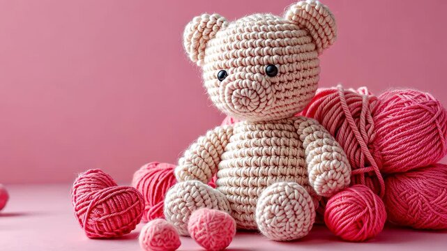 Crocheted Teddy Bear and Yarn Hearts: A charming, hand-knitted teddy bear sits surrounded by balls of pink yarn and heart-shaped yarn creations, evoking a sense of warmth and crafty delight.
