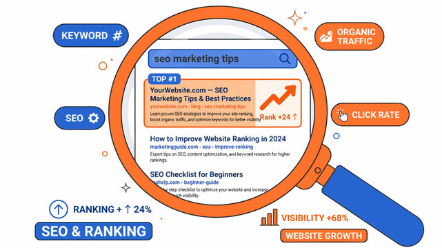 Magnifying glass examines search engine results to visualize the importance of SEO strategies for improving website rankings and organic traffic.