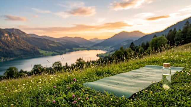 mindfulness practices, a tranquil natural setting featuring a yoga mat and water bottle, evoking wellness