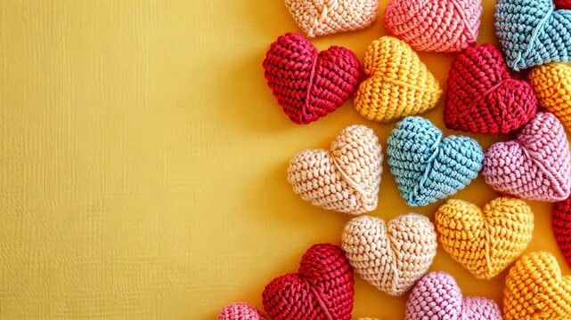 A Tapestry of Hearts: A vibrant collection of crocheted hearts in various colors and textures are artfully arranged on a sunny yellow background, creating a cheerful and loving composition.