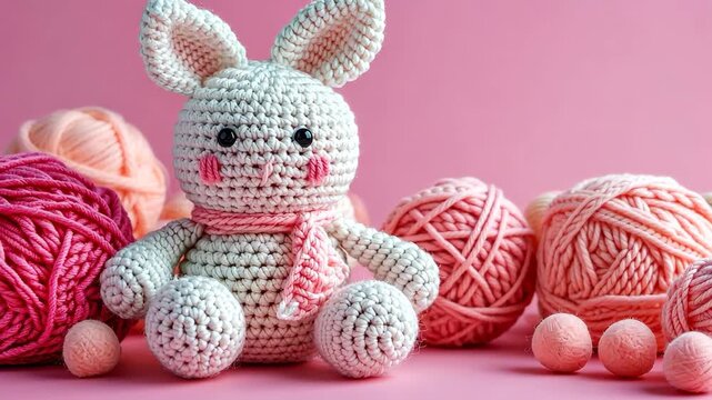 Crochet Bunny with Yarn Balls: A handmade, adorable crochet bunny sits surrounded by soft, colorful yarn balls and matching crochet eggs, set against a pastel pink background.