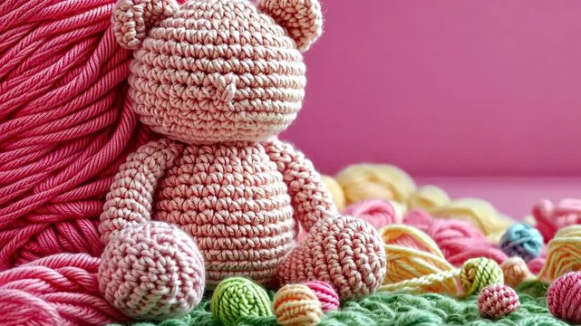 Crocheted Companion: A charming handmade crocheted bear, crafted with soft pink yarn, sits amidst a vibrant collection of colorful wool and crafting supplies, evoking warmth and creativity.