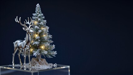 Fototapeta premium Silver deer stands beside a lit, snowy Christmas tree on clear acrylic base.