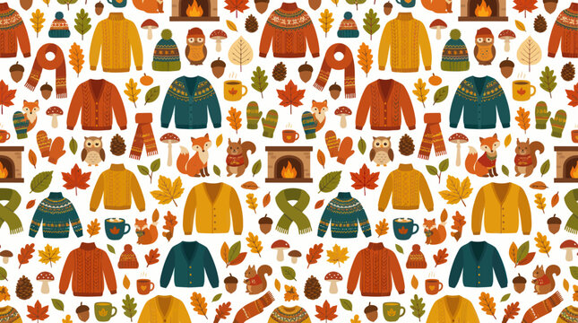 Autumn Knitwear Seamless Pattern: Sweaters, Scarves, and Animals - Flat Style