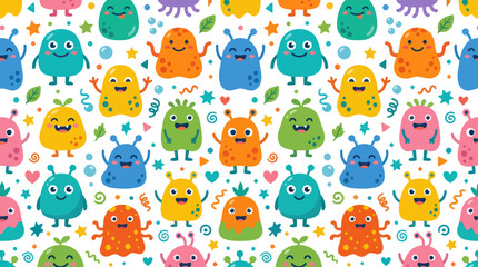 Naklejka premium Happy Cute Monsters Seamless Pattern - Playful Flat Vector Cartoon Aliens for Kids' Content Design