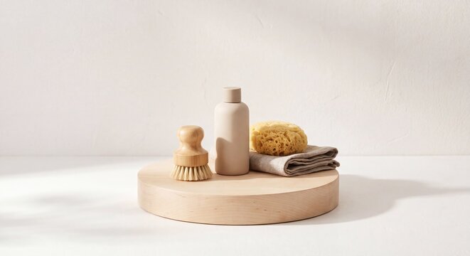 Spa accessory set with bottle, brush, sponge and towel on wooden plate. Home wellness and skincare routine after holidays. Minimalist organic product display for self care ritual.