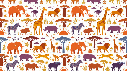 Naklejka premium African Safari Wildlife Animals Seamless Pattern Vector Illustration in Flat Cartoon Style - Nature Background