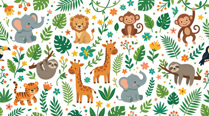 Fototapeta premium Cute Flat Cartoon Jungle Safari Animals and Tropical Leaves Seamless Vector Pattern for Kids Background Design