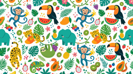 Fototapeta premium Cute Flat Cartoon Seamless Pattern with Jungle Animals, Monkeys, Toucans, Leopards Tropical Fruits for Kids