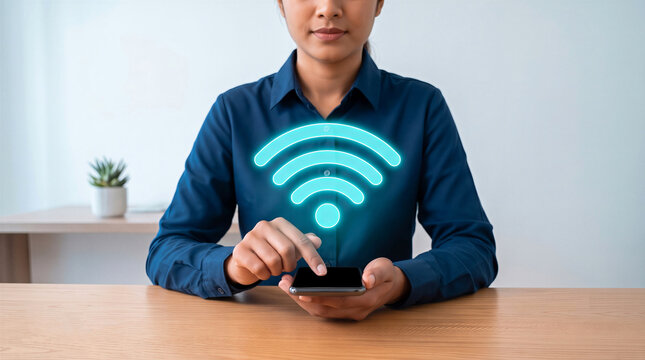 Businesswoman using smartphone with wifi symbol at office desk. Wireless internet, connection and network