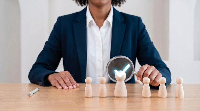 HR manager using magnifying glass to select the best candidate among wooden figures. Business recruitment concept