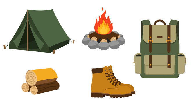 Green camping tent and stacked wood logs for outdoor adventure travel