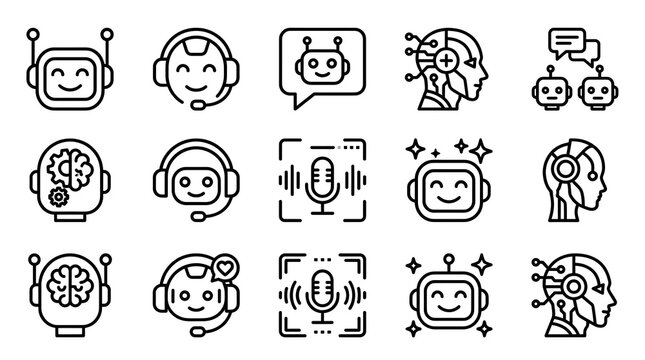 AI Chatbot Line Icons Set, Artificial Intelligence Assistant, Customer Support, Voice Assistant and Machine Learning Outline Vector Collection