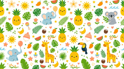 Obraz premium Cute Baby Kids Tropical Seamless Pattern: Flat Cartoon Animals, Pineapples, Leaves for Textile Design