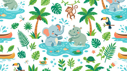 Obraz premium Cute Jungle Animals Pattern - Elephant, Hippo, Monkey, Toucan, Turtle, Duck