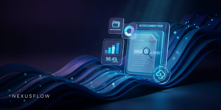 Ai document hub interface with folder, pie chart, and bar graph floating above a flowing dark blue wave background, with digital light particles