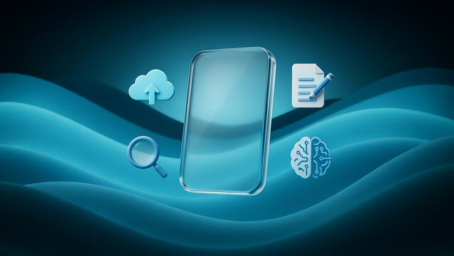 Transparent smartphone screen floating above a blue wavy background, with for cloud, upload, document editing, search, and artificial intelligence