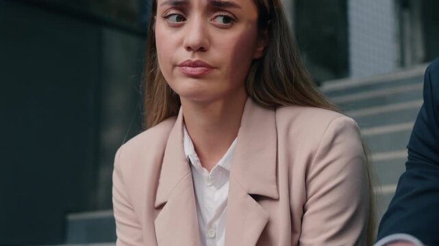Unequal financial salary Caucasian business man counting dollars sad woman city inequality money gender discrimination male guy businessman upset poor girl female businesswoman with few banknotes cash