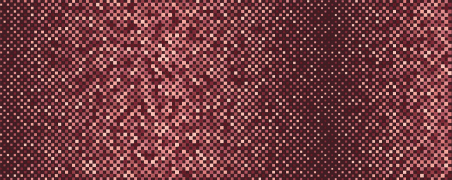 Abstract seamless mosaic pattern of small digital pixel squares in fading pink and dark burgundy colors.