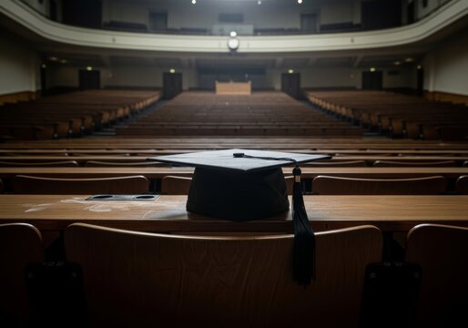 Graduation cap resting on a wooden desk in an empty lecture hall. Symbol of academic achievement and university education. Classroom setting for school convocation and study success.