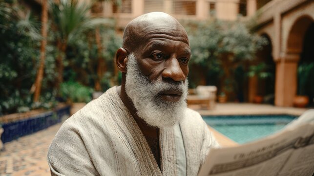 Elderly man reading newspaper outdoors natural light thoughtful expression