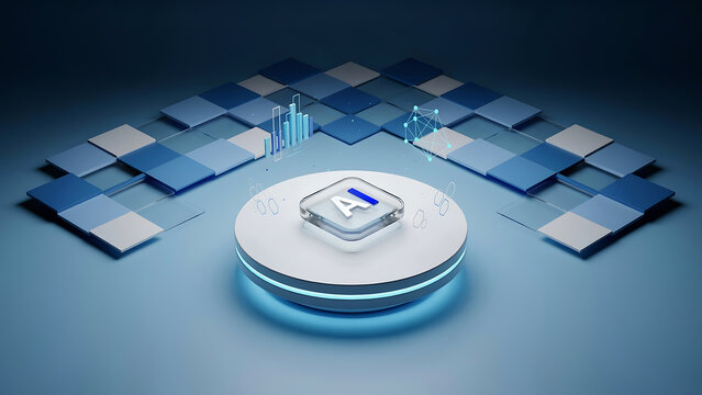 A glass cube with an ai symbol sits on a white circular platform, surrounded by blue geometric blocks and floating digital data charts in a dark space
