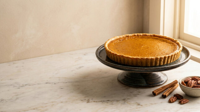 Pumpkin tart on dark ceramic pedestal with cinnamon sticks and pecans on marble counter