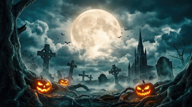 Spooky Halloween Graveyard with Glowing Jack-o'-Lanterns Under Full Moon and Dark Clouds for Eerie Holiday Celebration Background