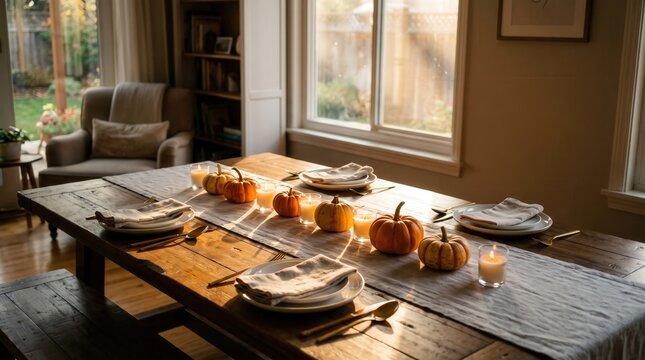Thanksgiving Table Setting with Decorative Pumpkins and Candles on Rustic Wood in Warm Sunlight for Autumn Holiday Dinner Hosting