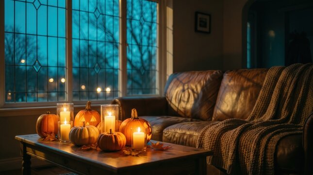 Halloween Pumpkins and Lit Candles on Coffee Table in Cozy Living Room at Dusk for Autumn Seasonal Decor and Interior Design Marketing