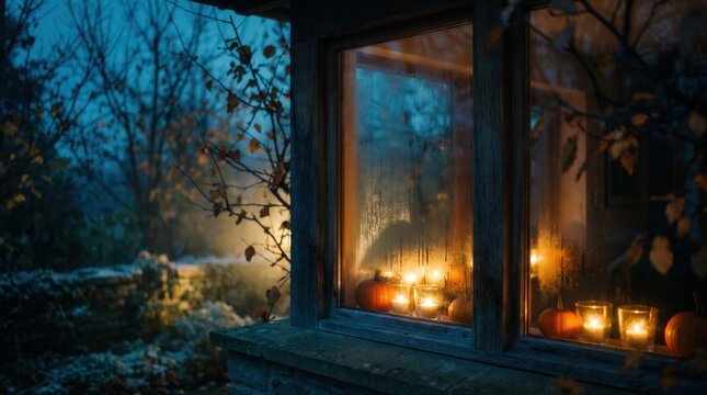 Warm candle light and pumpkins through a steamy window on a cold autumn evening for cozy seasonal home decor and holiday marketing