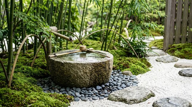 Water flowing into a stone basin in a tranquil Japanese bamboo garden setting