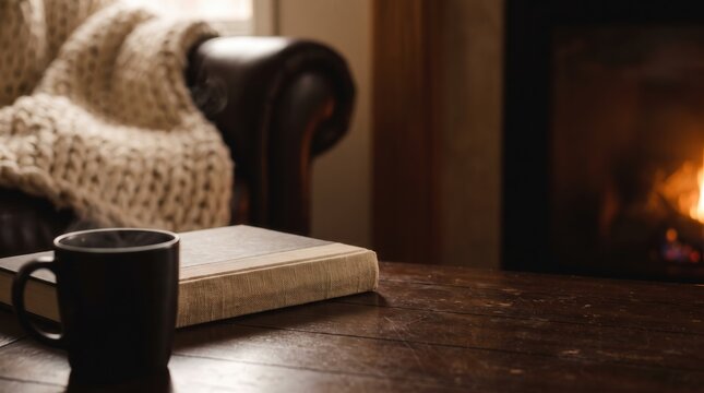 Coffee Mug and Old Book on Rustic Wooden Table in Cozy Living Room with Fireplace and Leather Armchair for Hygge Relaxation Content
