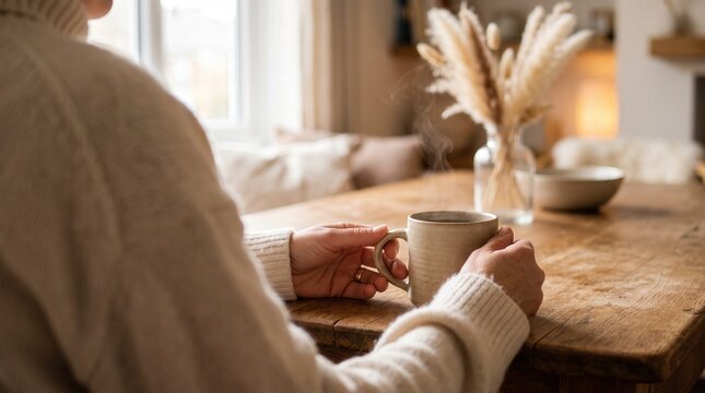 Woman in knit sweater holding steaming coffee mug at rustic wooden table in sunlit home interior for winter wellness blog and social media advertising
