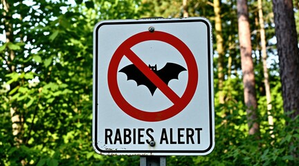 Obraz premium Rabies alert sign shows no bats in natural forest area. Cautionary notice warns public about disease risk and animal danger in park or woods. Safety information for outdoor activity.