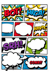 Isolated dynamic comic book panel design with text, sound effects, and blank speech balloons. © Andrei