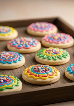 Freshly baked sugar cookies decorated with colorful royal icing and vibrant rainbow sprinkles are arranged neatly on a rustic wooden tray, party, rainbow, confectionery