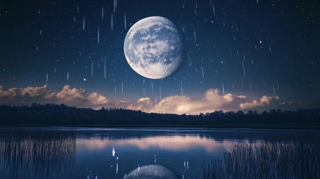 Night landscape with big moon and falling stars