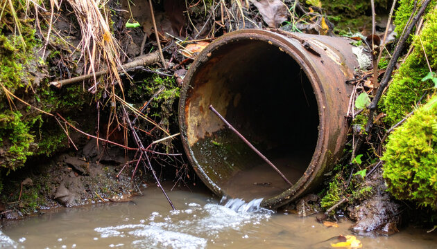 Rusty metal drainage pipe discharging dirty water into a small forest stream surrounded by green moss and muddy earth