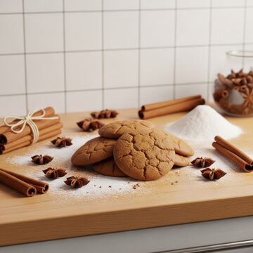 A warm kitchen counter features bundles of fragrant cinnamon sticks, scattered flour, star anise, and freshly baked gingerbread cookies, natural, wood, ingredients