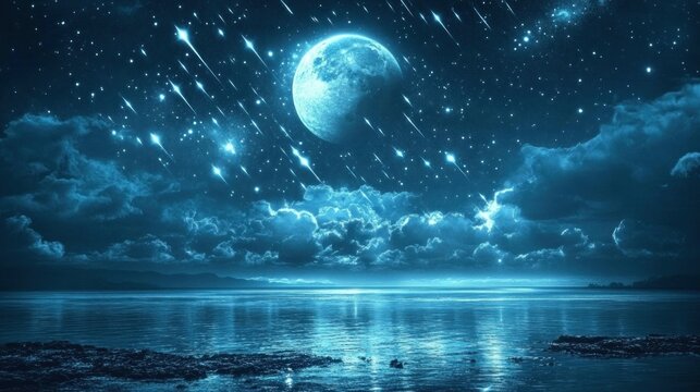 Night landscape with big moon and falling stars