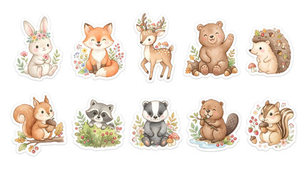 Fototapeta premium Adorable watercolor forest animals collection, featuring cute woodland creatures like rabbits, foxes, deer, bears, and hedgehogs, ideal for children's designs and playful themes