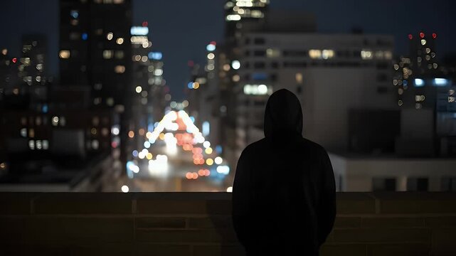 Person wearing a dark hooded sweatshirt standing alone on a high rooftop terrace while looking out at the glowing city lights during a cold night