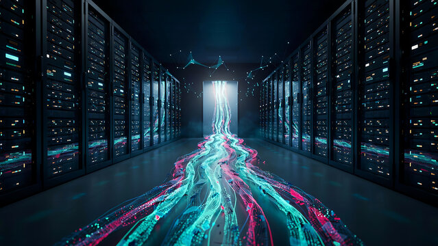 Data center aisle with rows of server racks and glowing multi-colored data streams flowing along the floor towards a bright light at the end