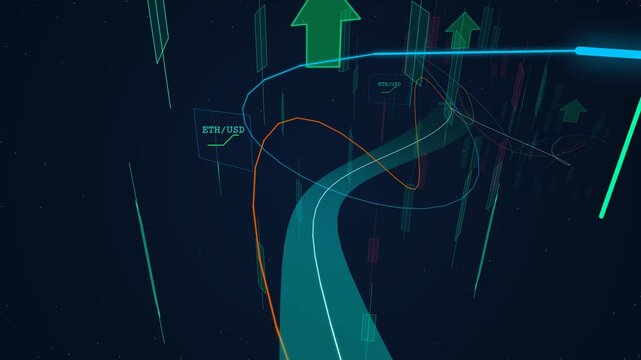 Abstract financial market bull run animation with cryptocurrency trading symbols candlestick charts and upward trend lines in a 3D digital space