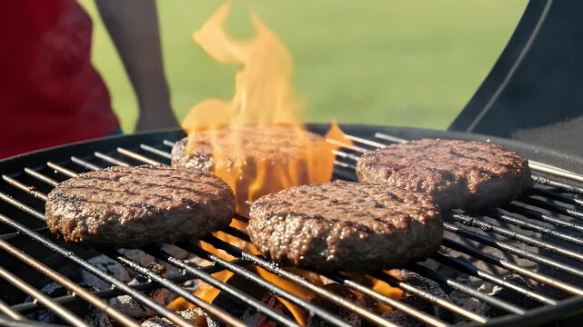 Several raw beef burger patties sizzling over hot charcoal flames on a metal outdoor barbecue grill during a sunny summer day while preparing delicious fresh food