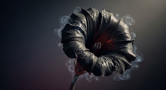 A dark moonflower unfurls its scalloped petals, composed of thick soot and swirling charcoal smoke against a deep, moody background light, fog, shadow, abstract