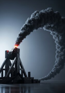 A dark obsidian trebuchet catapults a thick plume of black vapor into the sky, creating a dramatic arc against a dim, atmospheric backdrop, mechanism, gas, atmospheric